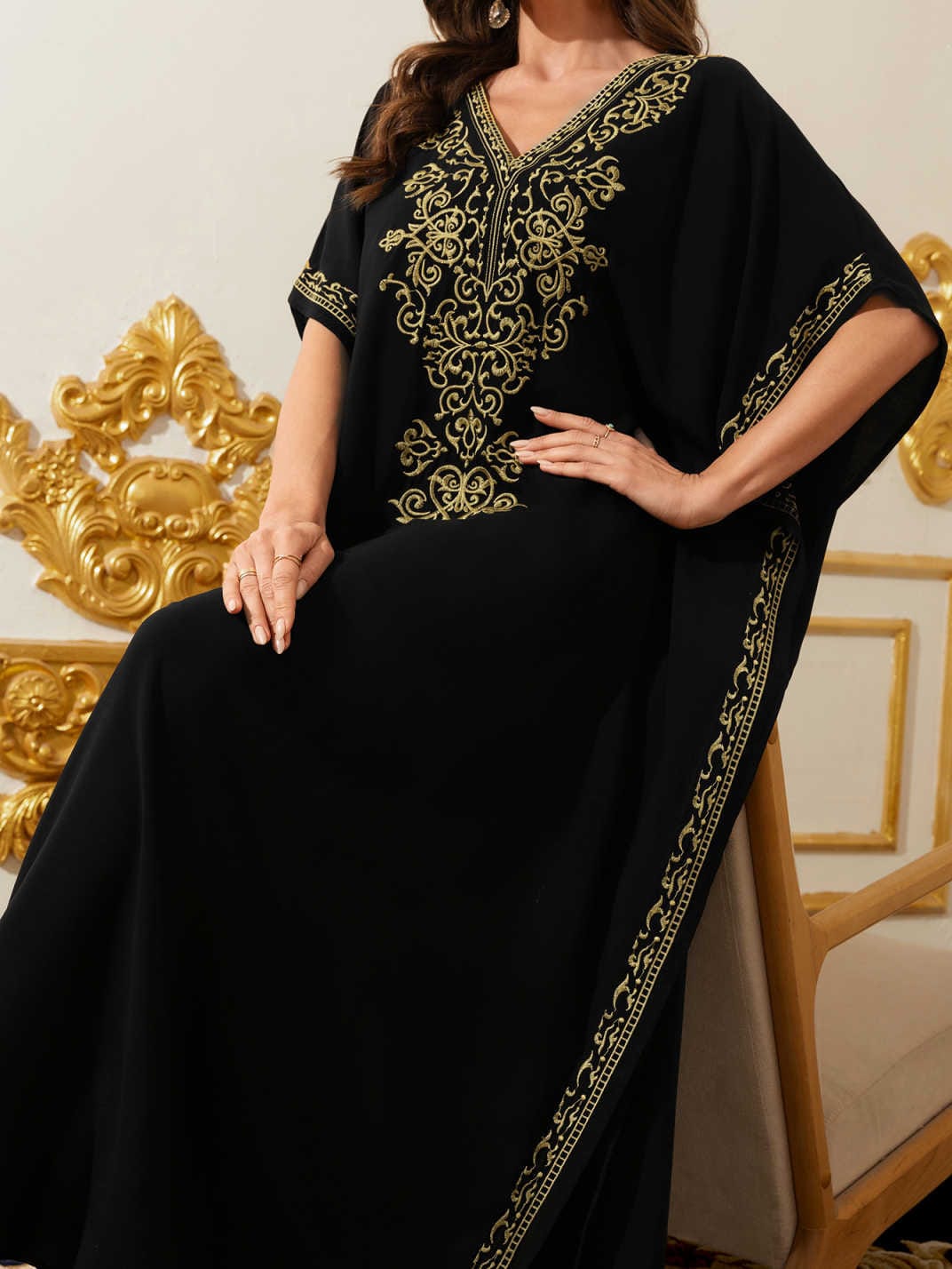 ABAWL061 Ethnic Style Long Dress – Polyester, Embroidered, Lace Detail, Bat Sleeves, Black, One Size for Middle East & Tribal Fashion - Image 3