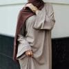 H904 Elegant Ice Silk Long Dress – Polyester, Pocket Detail, Long Sleeve, Apricot, Sizes S-5XL for Middle East & Graceful Style