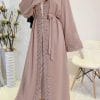 XE2502 Ethnic Tribe Long Dress – Polyester, Embroidered, 3D Decoration, Long Sleeve, Light Brown, Sizes S-XL for European & American Style