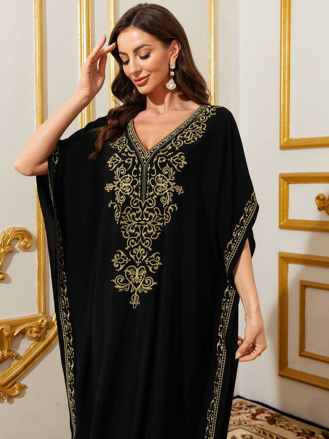 ABAWL061 Ethnic Style Long Dress – Polyester, Embroidered, Lace Detail, Bat Sleeves, Black, One Size for Middle East & Tribal Fashion - Image 7