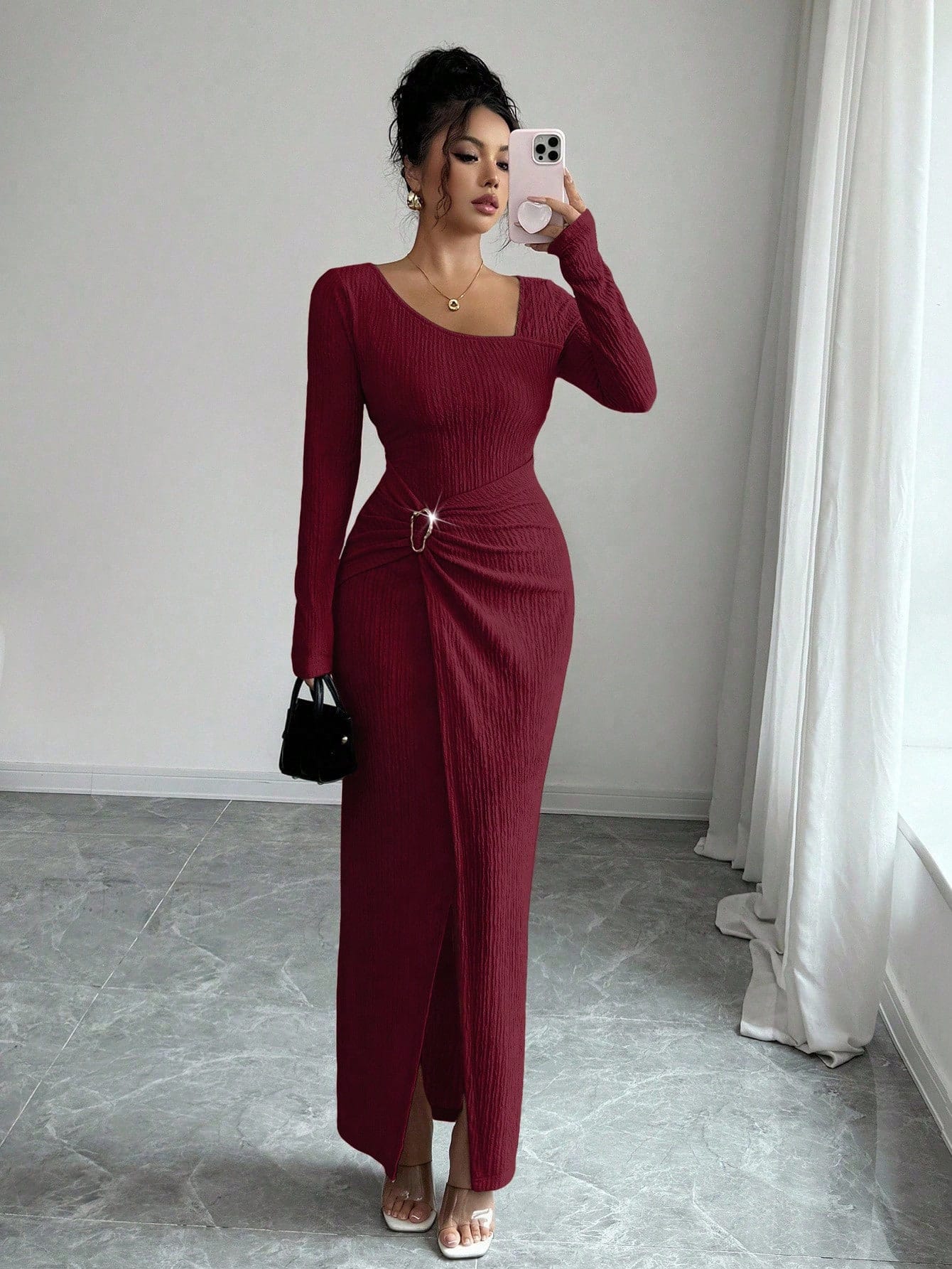 A1389 Elegant Commuting Long Dress – Stretch Polyester, Slit Design, Boat Neck, Long Sleeve, 5 Colors, Sizes S-XXL for Travel & Daily Wear - Image 2