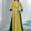 40091 Elegant Long Dress – Polyester, Embroidered, Metal Decoration, Long Sleeve, Yellow-Green, Sizes S-XXL for Middle East & Southeast Asia
