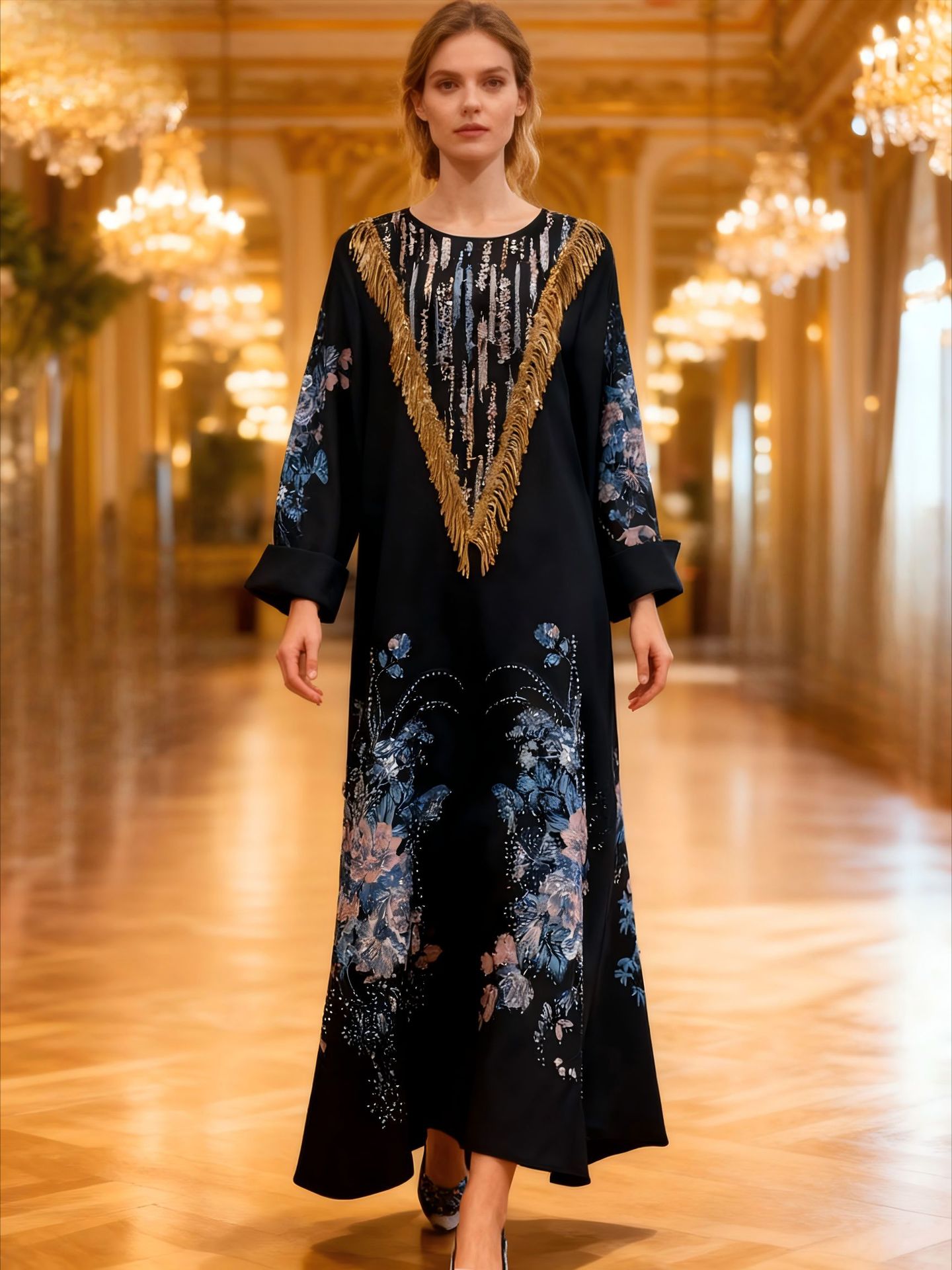 Middle East Ins European and American Muslim Cross-Border Women's Robe Dubai Printed Beaded Women's Dress Elegant Burqa