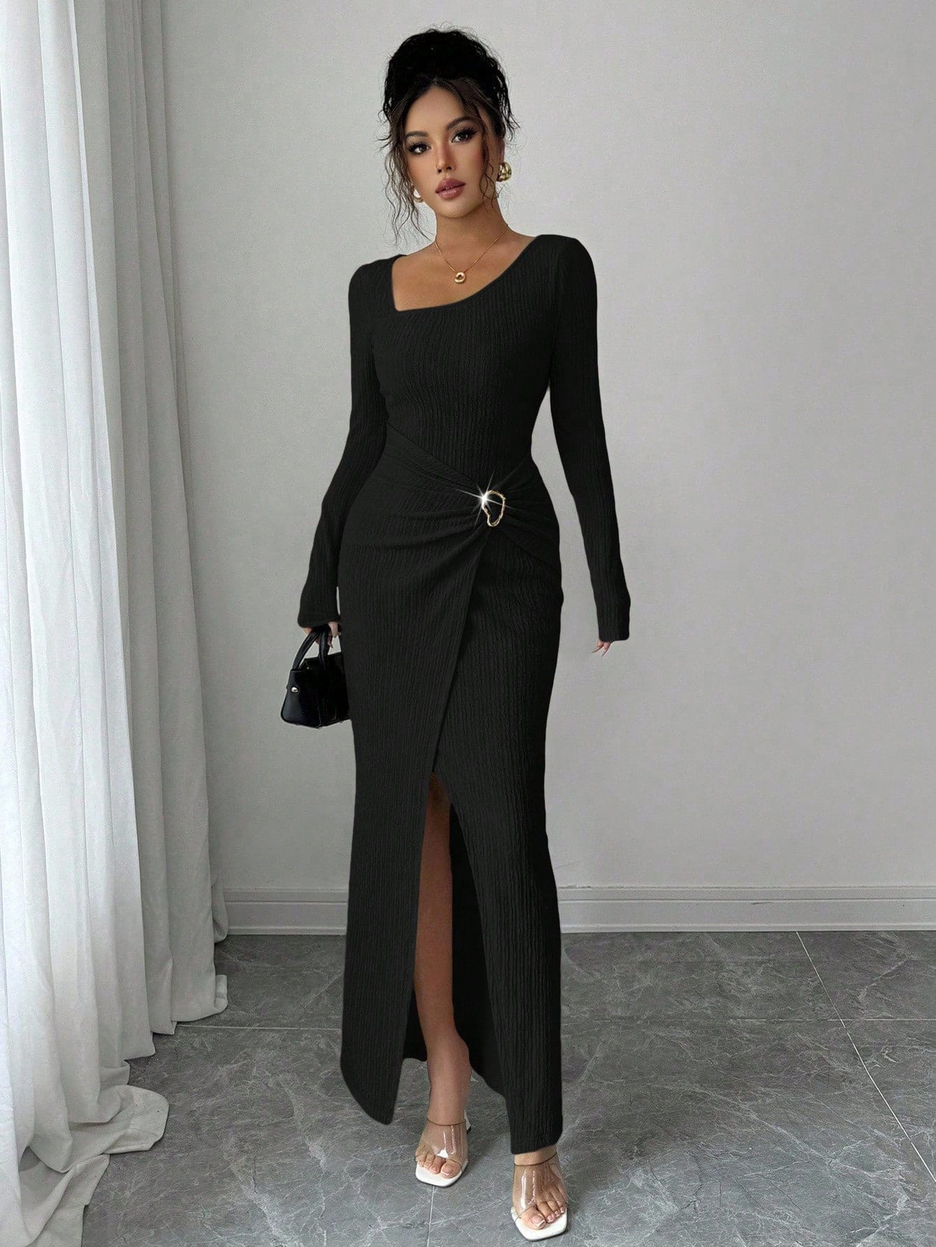 A1389 Elegant Commuting Long Dress – Stretch Polyester, Slit Design, Boat Neck, Long Sleeve, 5 Colors, Sizes S-XXL for Travel & Daily Wear - Image 8