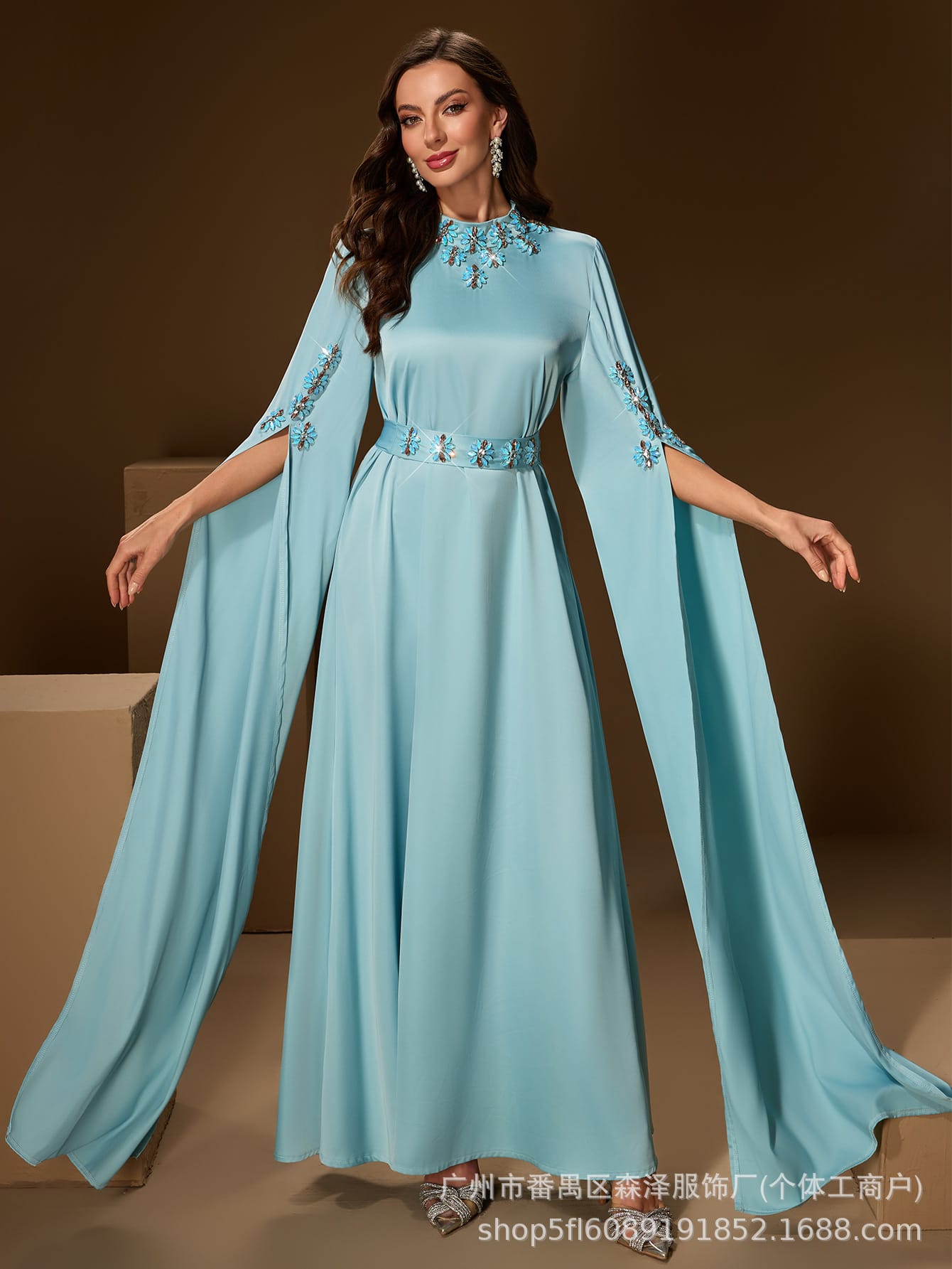 SC6602 Private Server Socialite Evening Dress – Polyester, Hand-Sewn Drill, Beaded & Diamond Embellished, Oversized Skirt, Emerald, Sizes S-XL for Banquets/Weddings