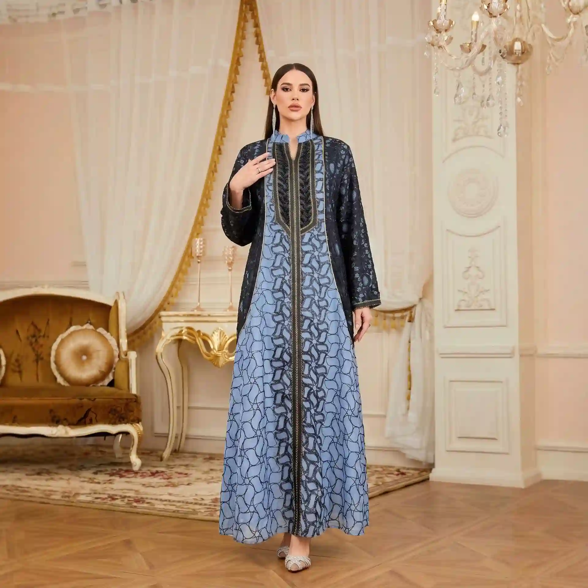 Ba3147 Green Elegant Long Dress – Polyester, Hand-Sewn Drill Embellishment, Metal Detail, Long Sleeve, Dark Green, Sizes S-XXL for Middle East & Southeast Asia