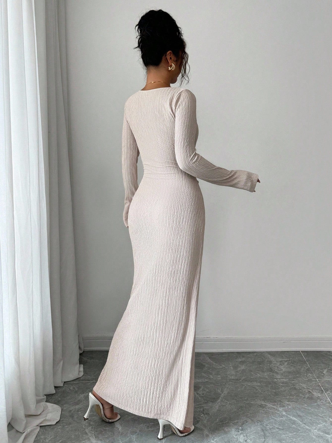 A1389 Elegant Commuting Long Dress – Stretch Polyester, Slit Design, Boat Neck, Long Sleeve, 5 Colors, Sizes S-XXL for Travel & Daily Wear - Image 11