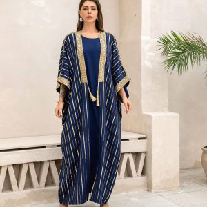 ZD049 Elegant Chiffon Long Dress – Polyester, Bell Sleeves, Lace-Up Detail, Hot Stamping, Dark Blue, Sizes M-XXL for Middle East & European Style