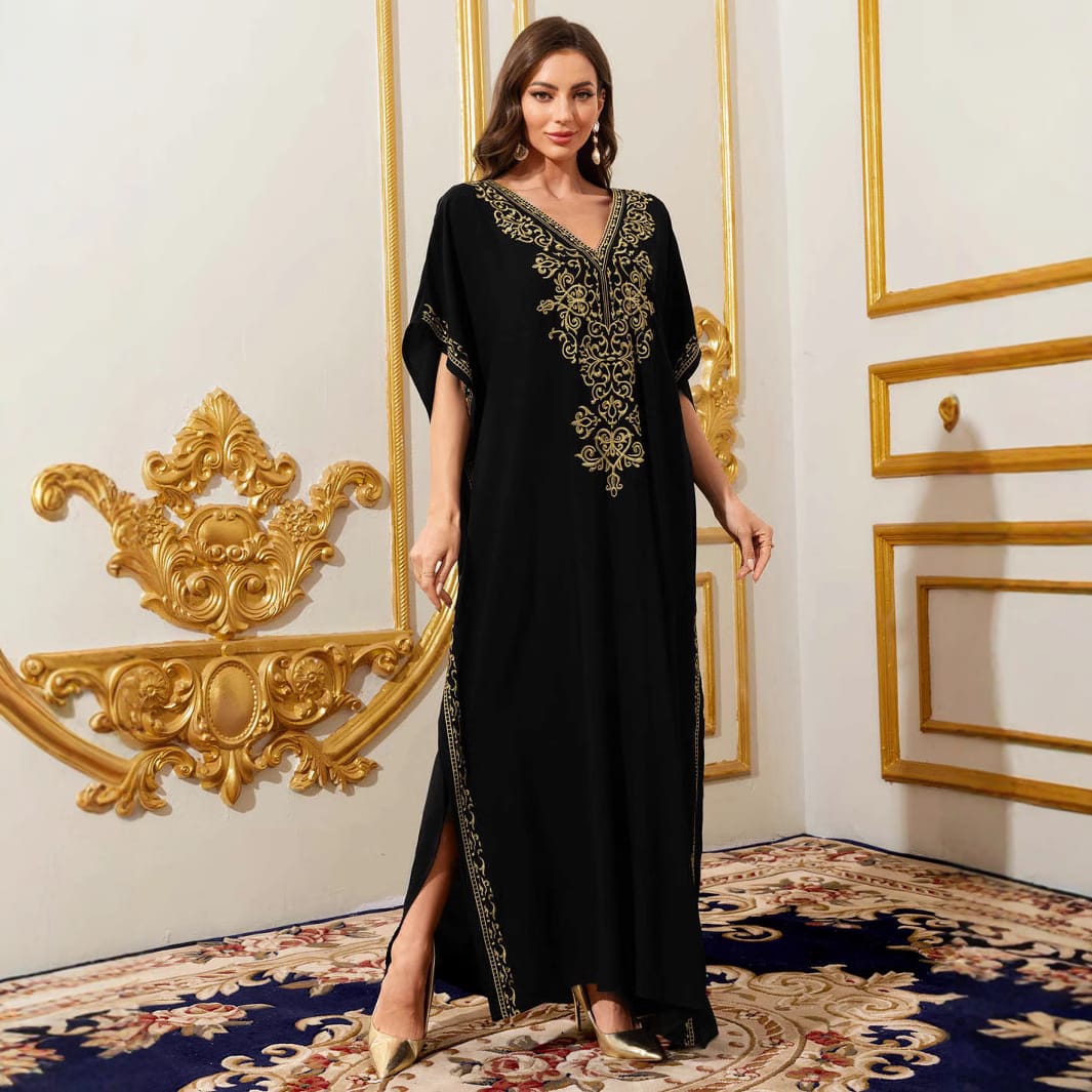 ABAWL061 Ethnic Style Long Dress – Polyester, Embroidered, Lace Detail, Bat Sleeves, Black, One Size for Middle East & Tribal Fashion