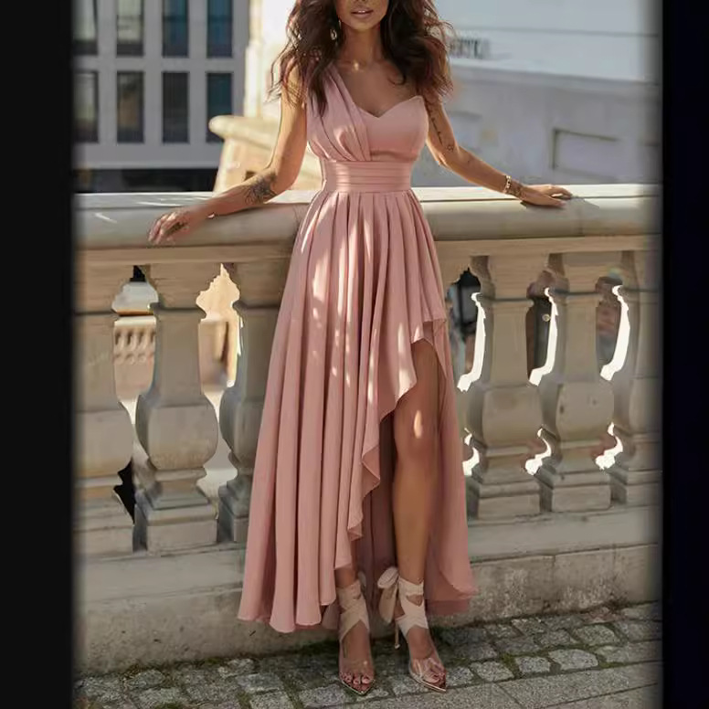 8202# 2022 Europe and the United States cross-border new solid color chiffon diagonal shoulder slim long irregular hem dress - Image 2