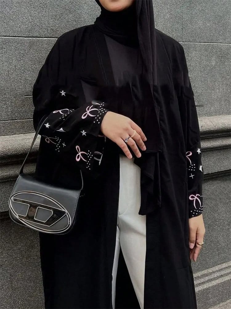 SH2539 Muslim Embroidered Long Dress – Spandex/Polyester, Embroidery Detail, Long Sleeve, Black, Sizes S-XXL for Ethnic & Modest Wear