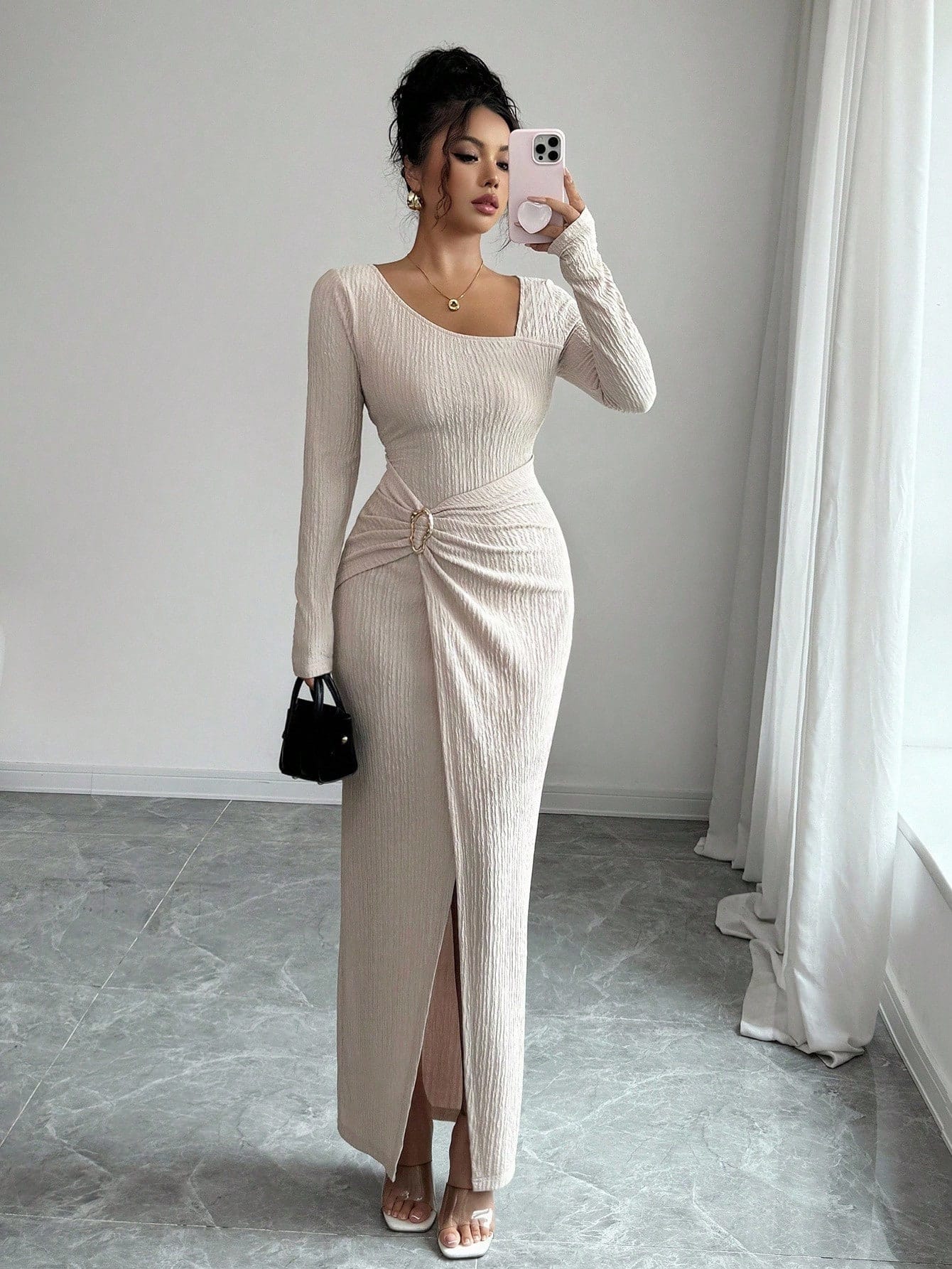 A1389 Elegant Commuting Long Dress – Stretch Polyester, Slit Design, Boat Neck, Long Sleeve, 5 Colors, Sizes S-XXL for Travel & Daily Wear - Image 9