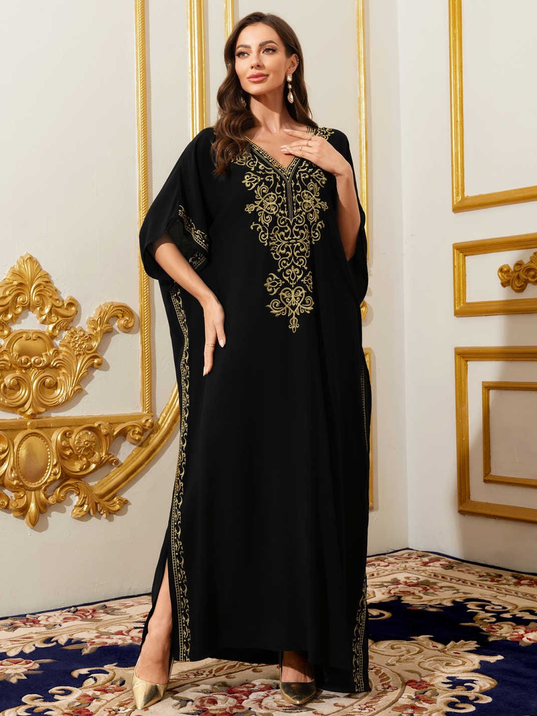 ABAWL061 Ethnic Style Long Dress – Polyester, Embroidered, Lace Detail, Bat Sleeves, Black, One Size for Middle East & Tribal Fashion - Image 5