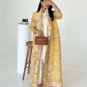 Pleated Long Dress – Polyester, Pressed Pleats, Printed Detail, Long Sleeve, 5 Colors, One Size for Middle East, Europe & America