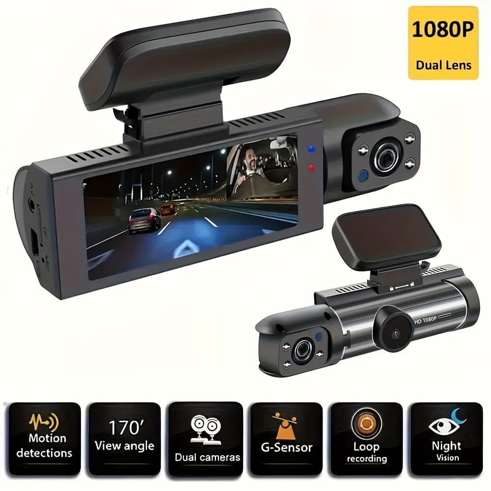 M81 3.0" Dual-Lens Car Dash Cam – 1080p, 150° Wide Angle, F2.0 Aperture, Reversing Image & Motion Detection for Front Windshield