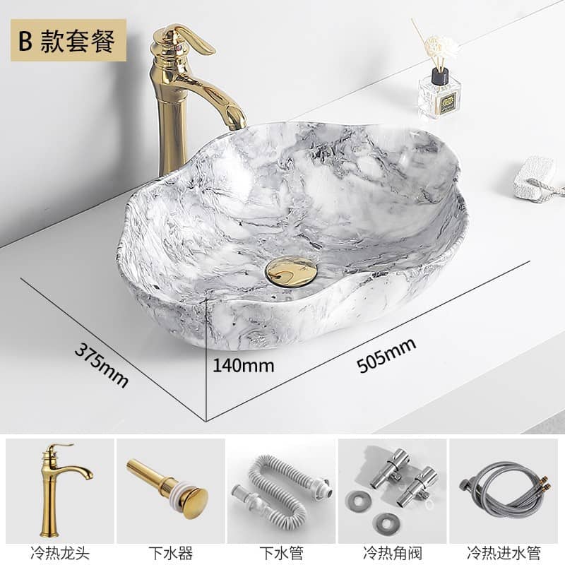 Ceramic Basin, Countertop Basin, Marble Single Basin, Single-Hole, Antique-Style, Small-Sized, High-End Bathroom Integrated Basin for Home Use