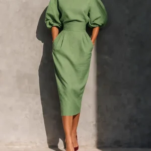 Retro Boat Neck Puff Sleeve Midi Dress – High-Waisted Pleated A-Line Skirt with Cocoon Silhouette for Fall