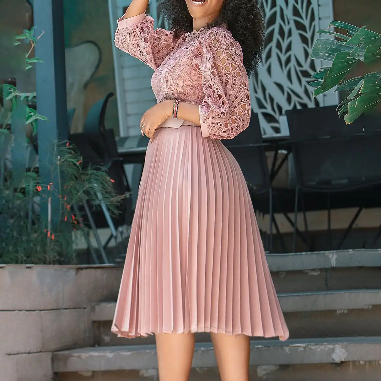 D254 Plus Size Lace Crochet Hollow-Out Pleated Dress – Women's Mock Neck Three-Quarter Sleeve Midi Dress (Summer 2025)