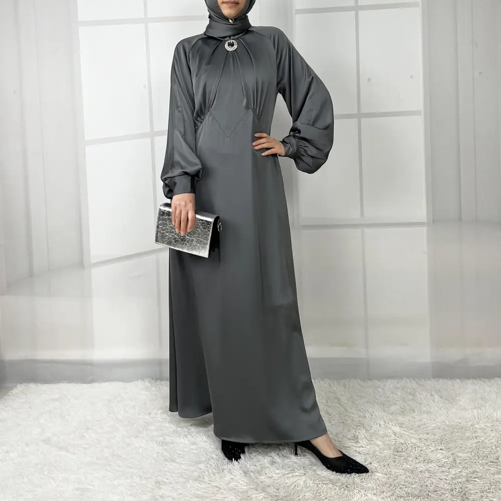Rhinestone Lantern Sleeve A-Line Long Robe – Women's Elegant Maxi Dress with Satin Finish (Spring 2025)