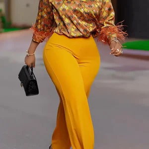 D541 Printed Long-Sleeve Shirt & Wide-Leg Pants Set – Women's Elegant African Two-Piece Suit (Fall 2024)