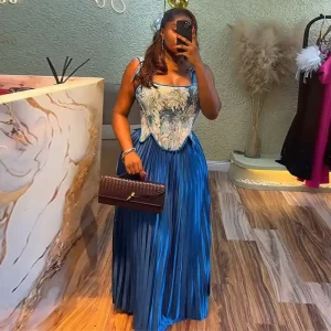 HK72454 Printed Vest & High-Waisted Pleated Skirt Set – Women's Sleeveless Two-Piece Outfit (Summer 2025)
