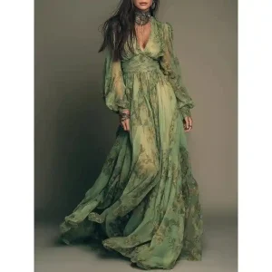 Bohemian Floral Print V-Neck Long-Sleeve Maxi Dress – Women's Pastoral Style Patchwork Elastic Polyester Dress for Summer 2026