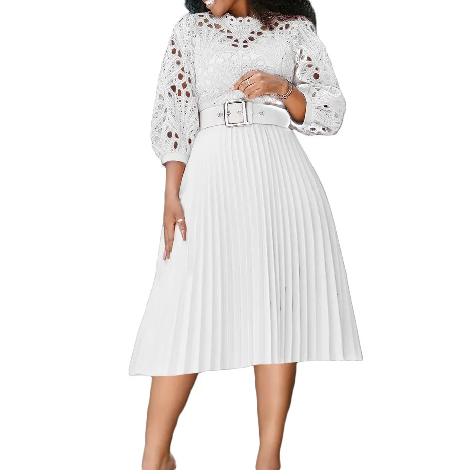 D254 Plus Size Lace Crochet Hollow-Out Pleated Dress – Women's Mock Neck Three-Quarter Sleeve Midi Dress (Summer 2025) - Image 5