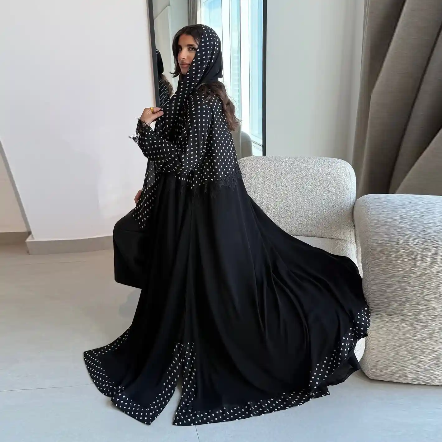 MQ260 Modest Long Dress with Lace Trim + Polka Dot Headscarf – Women's Cardigan/Outerwear Set - Image 3