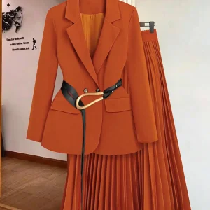Women's Suit Jacket + Pleated Fishtail Midi Skirt Set – 2-Piece Blazer Outfit for Stylish Commute (Excluding Belt)
