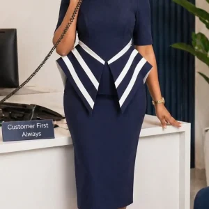 D3366 Color-Block Bodycon OL Dress – Women's Turtleneck Three-Quarter Sleeve Midi Dress (Summer 2026)