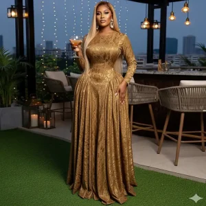 Round Neck Printed Pleated Evening Dress – Women's Slim-Fit High-Waisted A-Line Maxi Gown (Spring 2026)