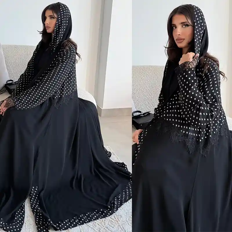 MQ260 Modest Long Dress with Lace Trim + Polka Dot Headscarf – Women's Cardigan/Outerwear Set - Image 2