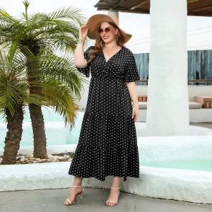 2025 Plus Size Polka Dot Casual Vacation Dress – Women's V-Neck High-Waist A-Line Midi Dress with Short Flutter Sleeves