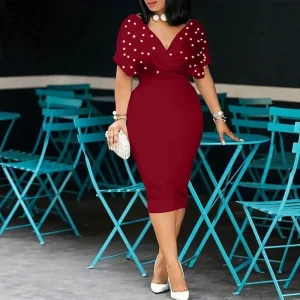 O-Series Solid Color Bodycon Midi Dress – Women's Low V-Neck Short-Sleeve High-Waisted Slim Fit Dress (Spring 2026)