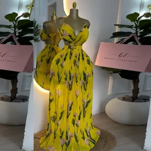 African Sweet Sexy Evening Dress – Backless Deep V-Neck Pleated Maxi Gown with Lace Details (Summer 2025)