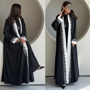 MQ266 Modest Long Dress with Black Lace Trim – High-End Black & White Patchwork Coat/Outerwear for Women