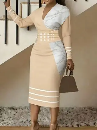 Elegant Floral V-Neck Bodycon Dress – High-Waisted A-Line Long Sleeve Maxi Dress for Business & Leisure - Image 7