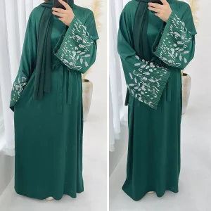 LR769 Elegant Leaf Embroidered Long Dress – Women's Casual Crew Neck Long-Sleeve Flowy Maxi Dress (Fall 2025)