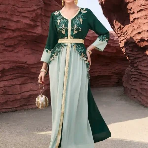 BA4051 Retro Color Block Floral Embroidery Cardigan Dress – Women's Loose-Fit Three-Quarter Sleeve Party Dress (Summer 2026)