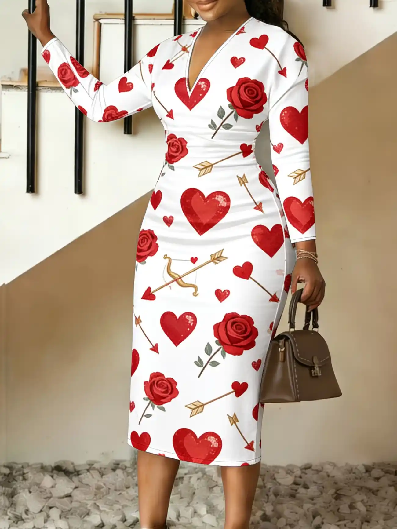 Elegant Floral V-Neck Bodycon Dress – High-Waisted A-Line Long Sleeve Maxi Dress for Business & Leisure - Image 4