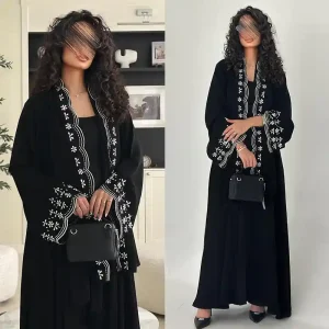 LN258 Modest Embroidered Cardigan with Headscarf – Women's Long Dress/Coat Set with Rhinestone Details (Summer 2026)