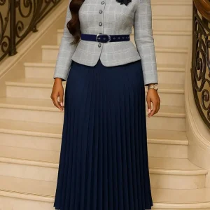 C8646 Elegant Jacket & Long Skirt Set – Women's Striped/Checkered Suit with Belt & Corsage (Fall/Winter 2025)