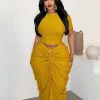 Plus Size Cropped Top + Drawstring Bodycon Maxi Skirt Set – Women's Short-Sleeve Two-Piece Outfit (Summer 2026 Elegant Style)