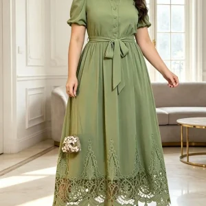 800693 Plus Size Green Stand Collar Puff Sleeve Dress – Waist Tie Lace Detail Maxi Dress (2026 New Style)