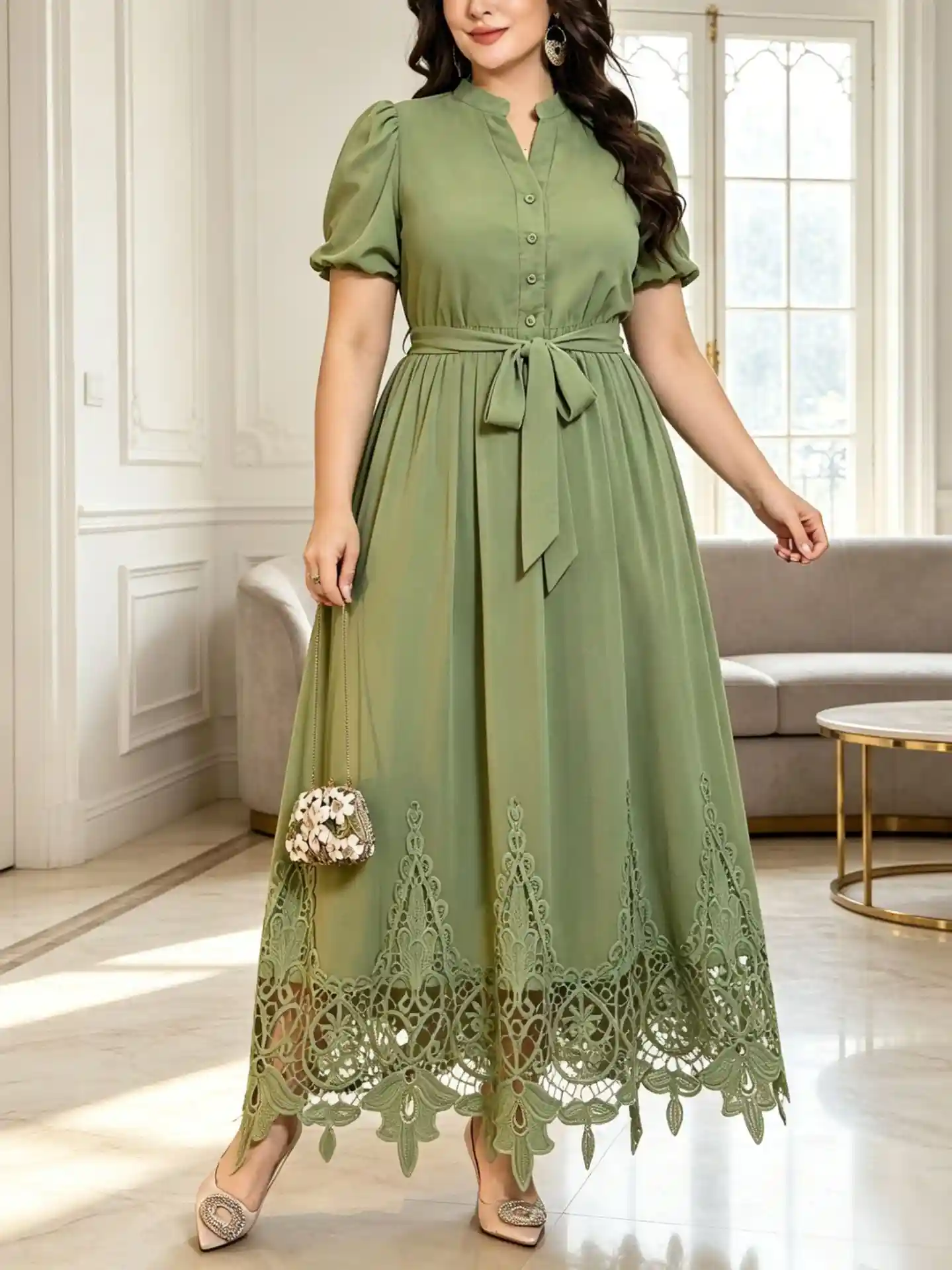 800693 Plus Size Green Stand Collar Puff Sleeve Dress – Waist Tie Lace Detail Maxi Dress (2026 New Style)
