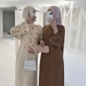 Handmade Beaded 3D Flower Embroidered Dress – Women's V-Neck Loose-Fit Long Sleeve Maxi Gown (Summer 2026)