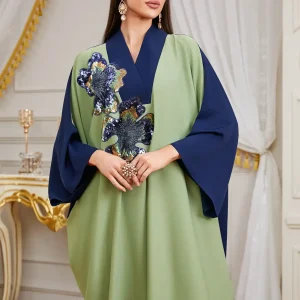 Color-Block Embroidered V-Neck Batwing Sleeve Robe/Dress – Women's Loose-Fit Maxi Gown with Sequins (2026)