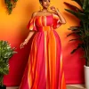 Women's Gradient Striped Off-Shoulder Long Dress – Ruffle Lotus Sleeve Maxi Dress with Flowy A-Line Skirt (Summer 2026)