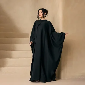 Spring/Autumn Solid Color Three-Piece Batwing Sleeve Dress Set – Women's Casual Loose-Fit Maxi Dress with Chinese Knot Details (Wholesale Source)