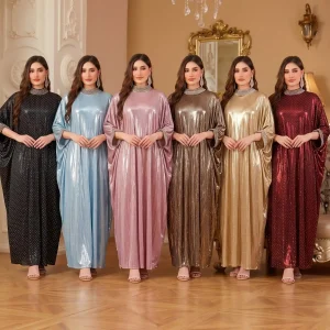 NR1535 Elegant Round Neck Dress with Rhinestones – Plus Size Batwing Sleeve Maxi Dress (In Stock)